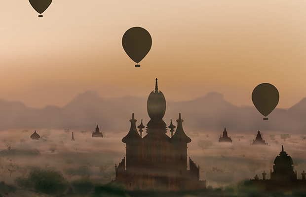 Three hot air baloons rise over a mythical town of temples.