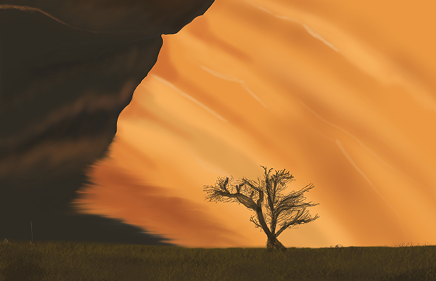 A lone tree at the base of a giant sand dune.
