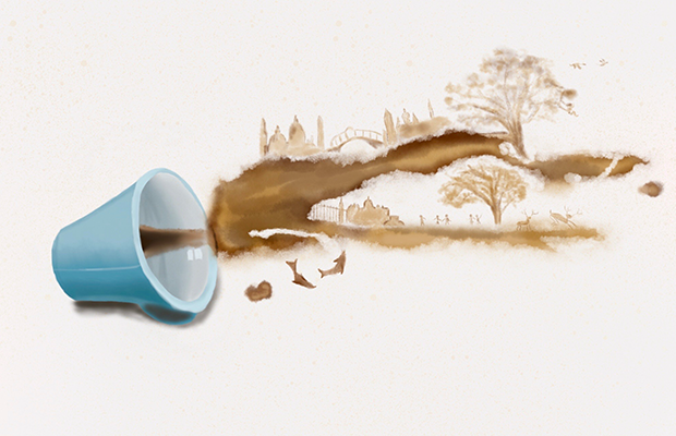 A cup of coffee has split and it's liquid has created a scene of trees, buildings and animals