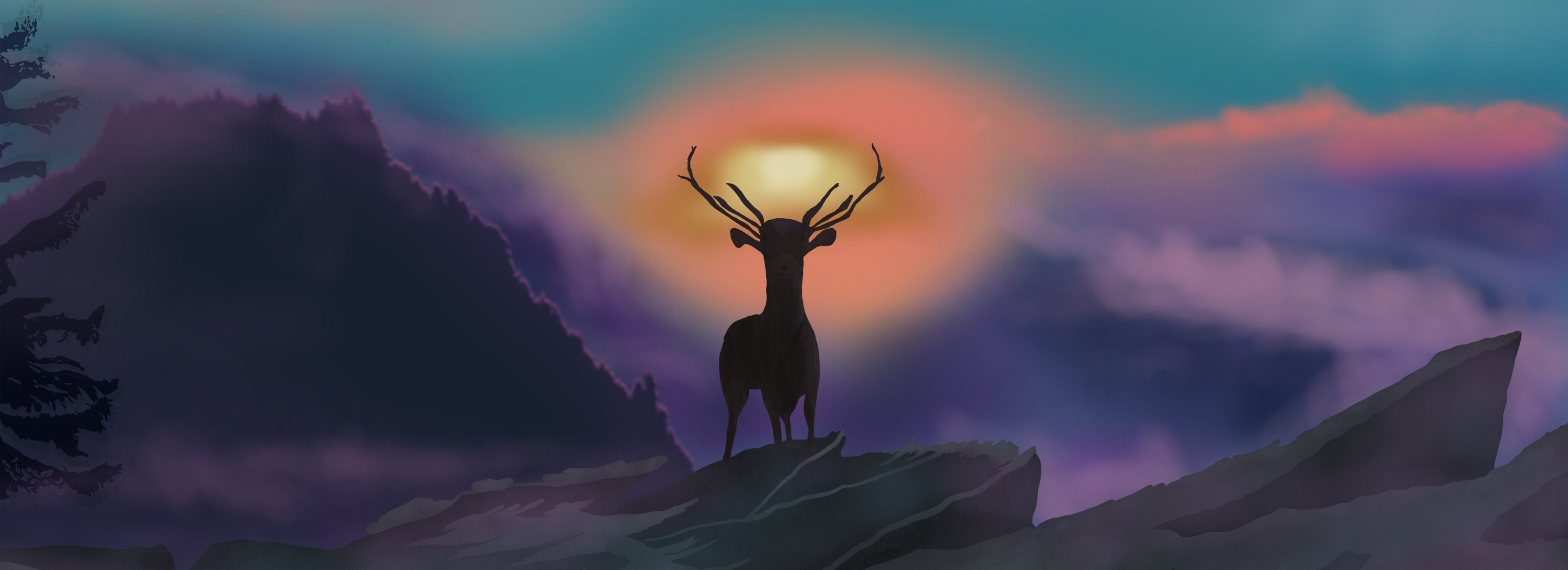 A Deer stands atop a mountain